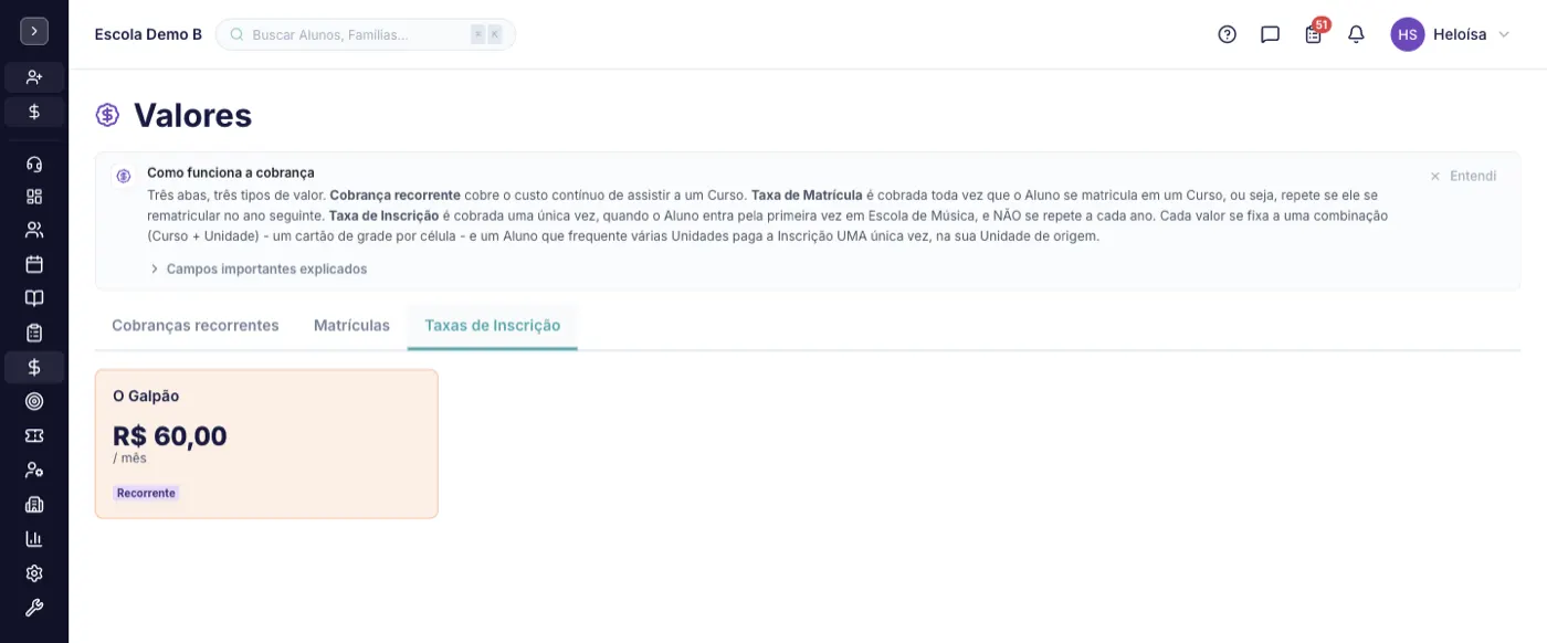 Aba Taxas de inscrição