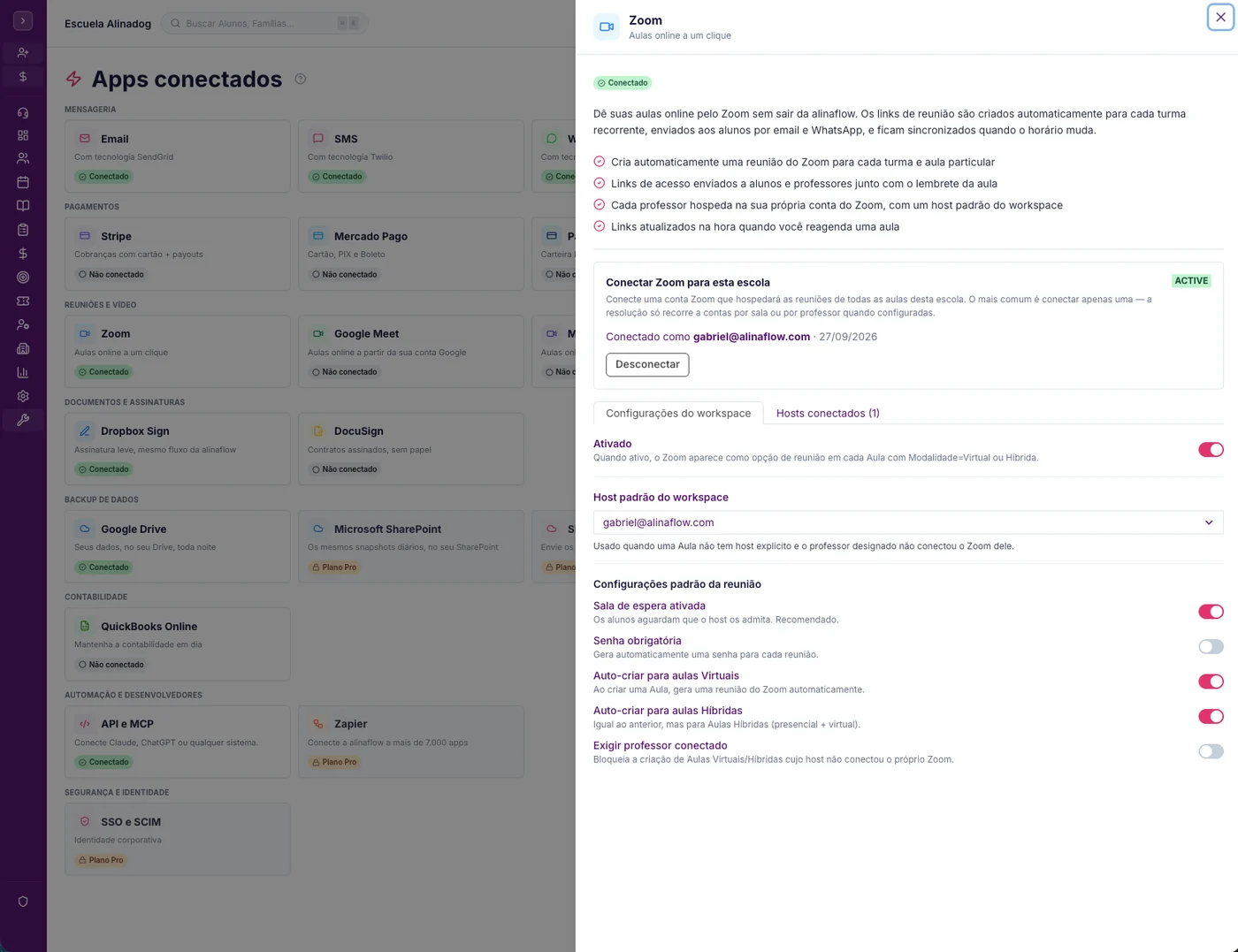 A tela Zoom, Google Meet, Microsoft Teams no alinaflow